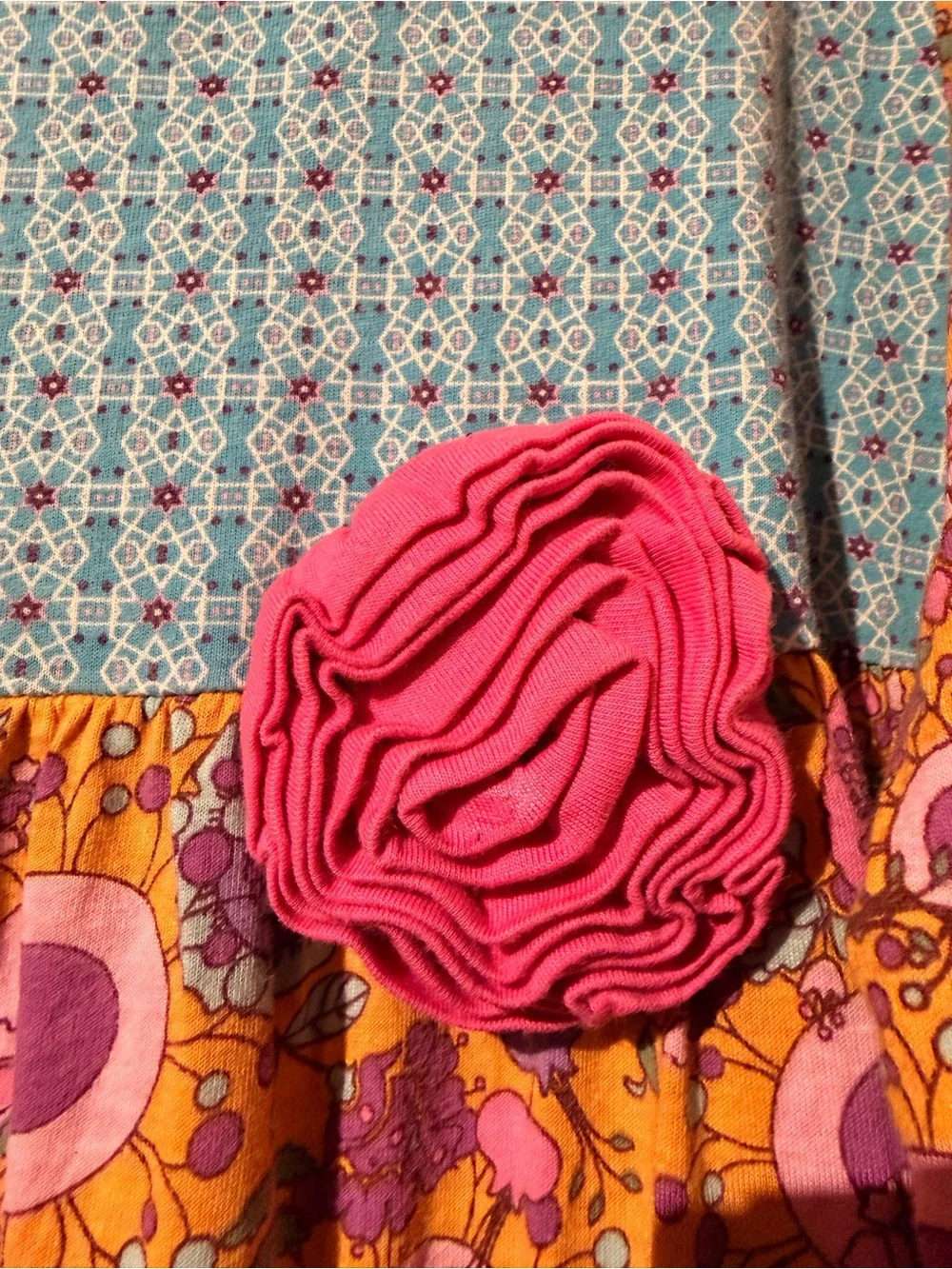 Jelly The Pug Blue, Yellow & Pink Multi-Pattern Tiered Dress with Pink Rosette